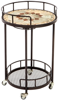 Alfresco Notre Dame 20" Round Marble Mosaic Outdoor Serving Cart With Wine Holders