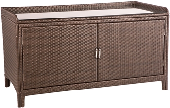 Alfresco All Weather Wicker Sideboard with Shelf and Glass Top Aluminum Frame Dark Roast Finish