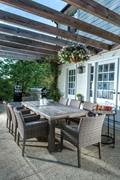 Alfresco Cornwall Woven Wood Set With 94.5" Rectangular Wood Dining Table And 8 Dining Arm Chairs With Sunbrella Cast Shale Cushions