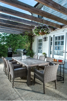 Alfresco Cornwall Woven Wood Set With 94.5" Rectangular Wood Dining Table And 8 Dining Arm Chairs With Sunbrella Cast Shale Cushions