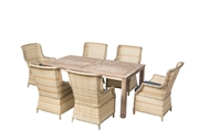 Alfresco Cambridge Outdoor Woven Wicker Set With Malvern 71" Rectangular Wood Dining Table With Umbrella Hole And 6 Dining Chairs With Sunbrella Spectrum Indigo Cushions