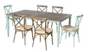 Alfresco Maison All Aluminum French Dining Set With 72" Rectangular French Dining Table With Umbrella Hole And 6 Dining Chairs With Cushions