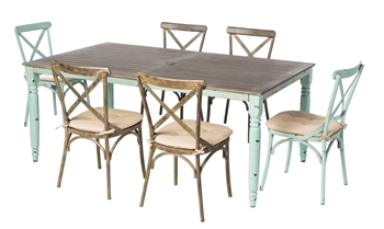 Alfresco Maison All Aluminum French Dining Set With 72" Rectangular French Dining Table With Umbrella Hole And 6 Dining Chairs With Cushions