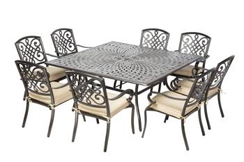 Alfresco Barcelona Cast Aluminum Dining Set With 64" Square Dining Table With Umbrella Hole and 8 Stackable Dining Arm Chairs with Cushions
