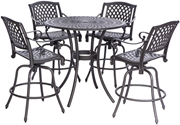 Alfresco Westbury Cast Aluminum Dining Set With 42" Round Bar Height Table With Umbrella Hole and 4 Bar Height Swivel Arm Chairs