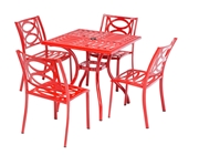 Alfresco Lasso Café Set with 31.5" Sqaure Café Table with Umbrella Hole and 4 Stackable Café Chairs in Candy Red Finish